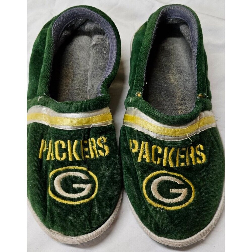 Vintage Green Bay Packers womens Sz 7-8 NFL BRAND LOGO Fleece Slip-On Slippers